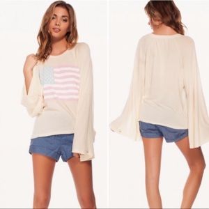 Wildfox Patriotic American L/S Bell Sleeve Tee in Cream Off-White Size Medium